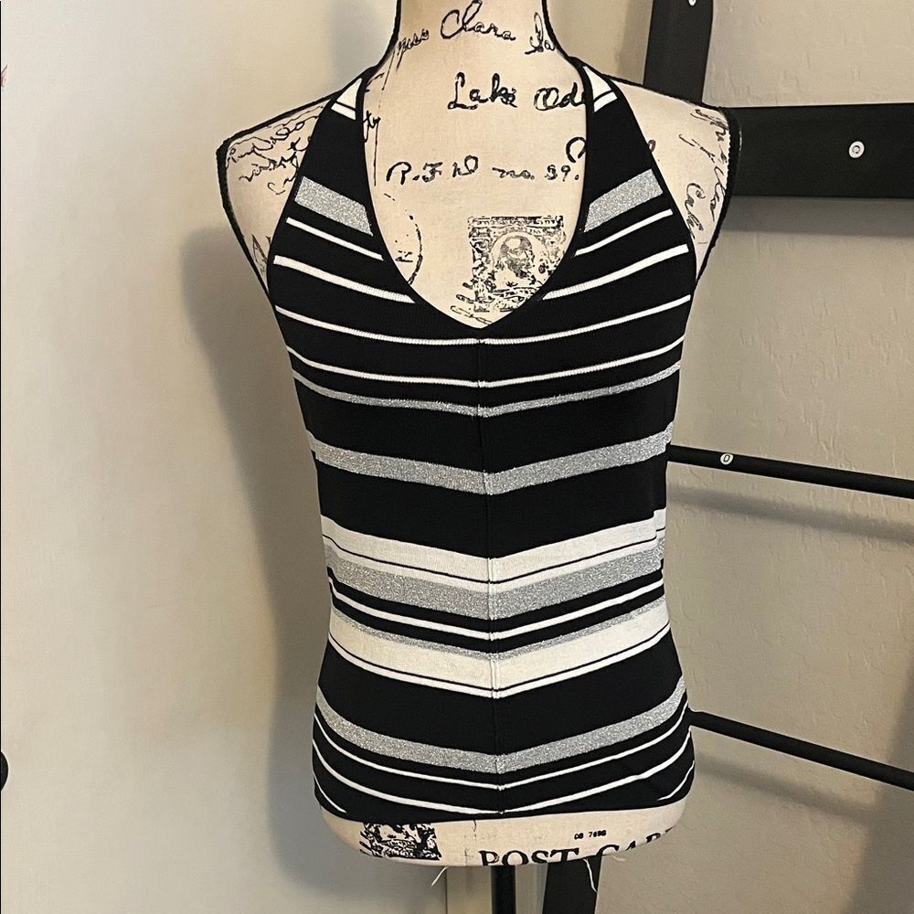 Y2K Arden B. Striped Metallic Black Halter Pullover Top 2000’s Event Party